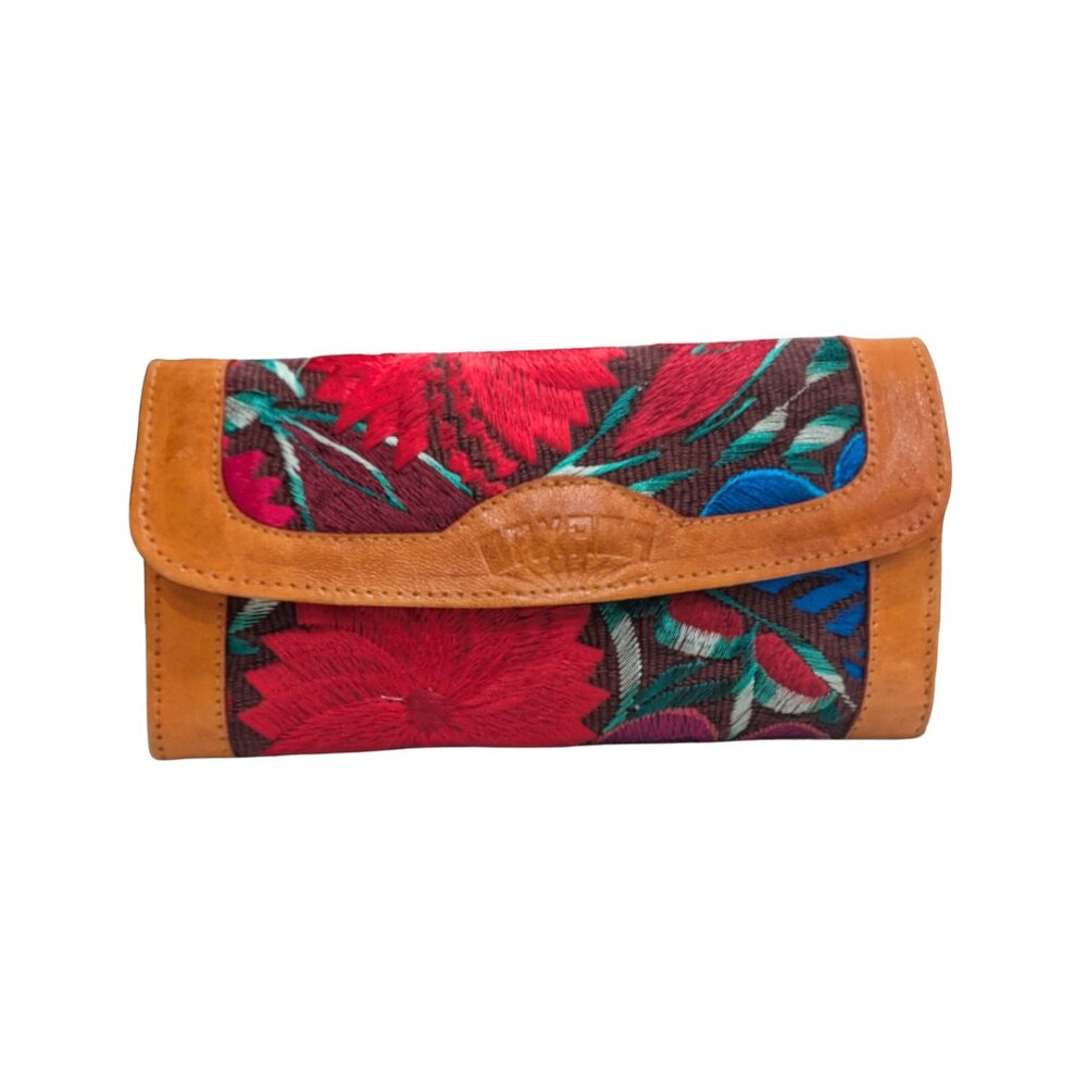 Handmade Oaxaca MexicanEmbroidered Leather Clutch Wallet w/Zip Coin Small Mirror